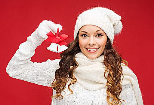圣诞节,圣诞,冬天,高兴,概念,微笑,女人,连指手套,帽子,铃铛
