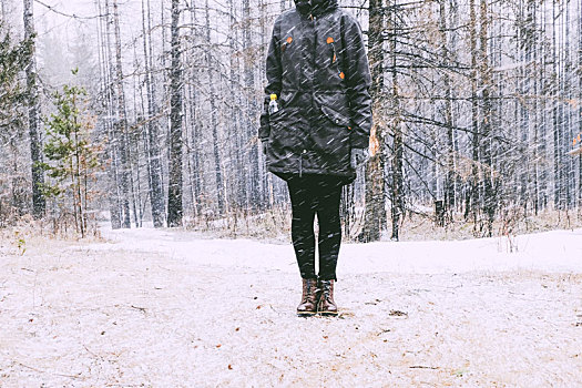 女人,站立,树林,冬天,俄罗斯