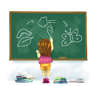 插画,女孩,绘画,生命循环,蝴蝶,黑板,教室