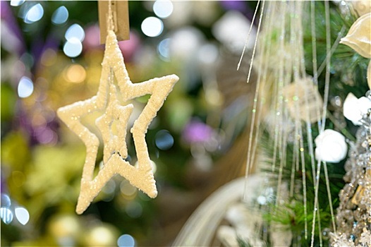 金色,星,装饰,悬挂,圣诞树