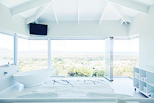 现代,白色,卧室,室内,双人床,浴缸