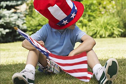 男孩,戴着,大,星条旗,帽子,拿着,美国国旗