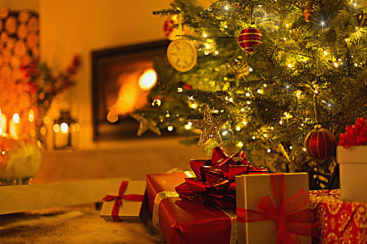 礼物,圣诞树,环境,客厅,壁炉
