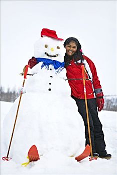 一个,女孩,肖像,雪人