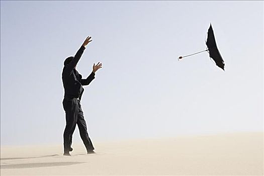 商务人士,迷失,伞,沙漠,风