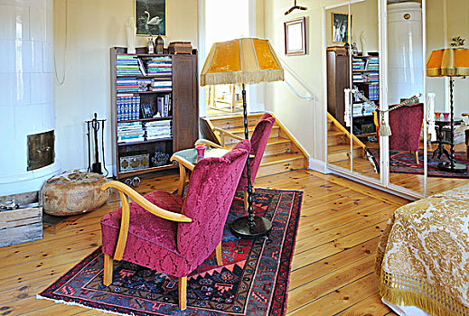 50年代,扶手椅,边桌,落地灯,地毯,正面,砖瓦,炉子