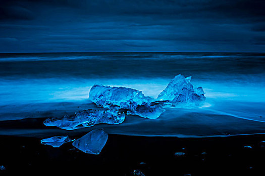蓝色,冰山,黑色背景,火山,沙滩,夜晚,冰岛