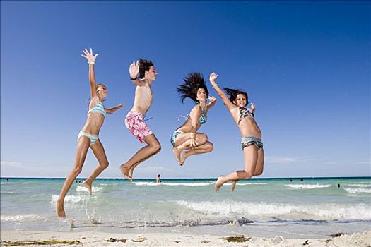 孩子,跳跃,空气,高兴,海洋