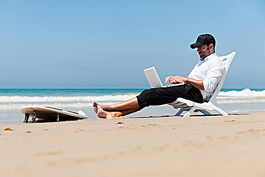 商务人士,坐,沙滩椅,海滩,工作,笔记本电脑,冲浪板,脚,安达卢西亚,西班牙