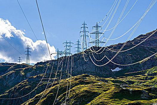 高压电塔,山,靠近,提契诺河,瑞士,欧洲
