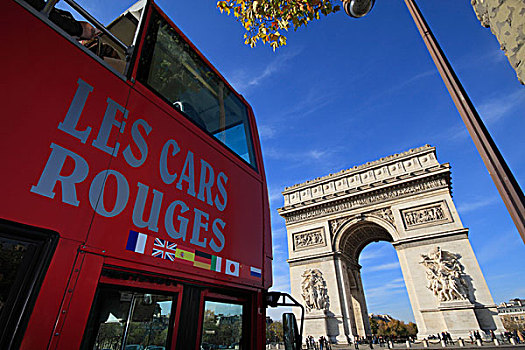 双层巴士,旅游,巴士,接近,拱形,凯旋门,地点,查尔斯-戴高乐,戴高乐,巴黎,法国,欧洲