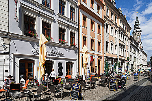 步行街,咖啡馆,风景,老市政厅,塔,奥伯劳西茨,萨克森,德国,欧洲