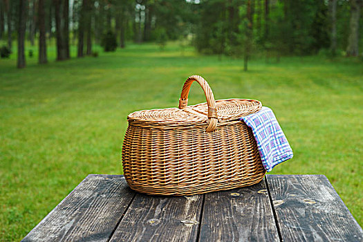 野餐篮,蓝色,白色,方格,桌布,木桌子,夏天,周末,概念