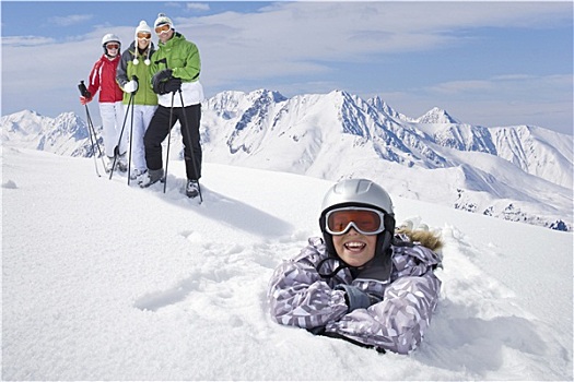 女孩,放入,雪,家庭,滑雪,站立,靠近,山顶