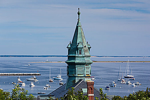 马萨诸塞,科德角,普罗文斯镇,朝圣,纪念建筑,俯视图,市政厅,港口
