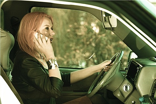 女孩,交谈,手机,驾驶,汽车