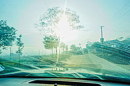 汽车,车内,反光,反射,路,路面,透视,玻璃,朦胧,蓝色,黄色