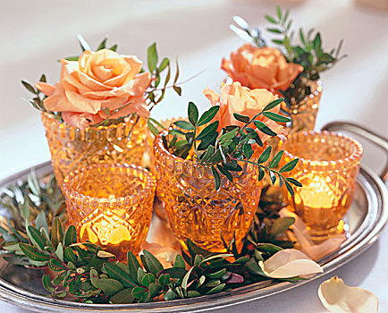 小,花瓶,玫瑰,开心果,叶子,蜡烛