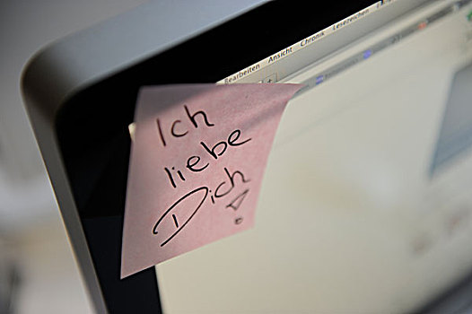 粘性,记事本,文字,爱,德国,喜爱,电脑,显示屏,象征,图像,工作场所