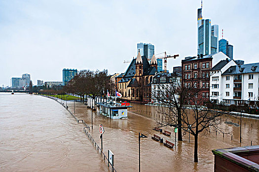 洪水,法兰克福,码头,德国商业银行,建筑,后面,黑森州,德国,欧洲