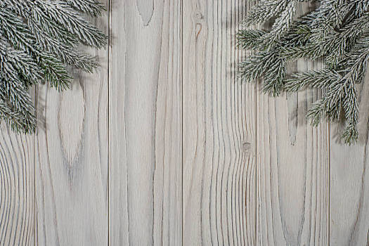 云杉,枝条,雪,老,白色,木桌子,俯视
