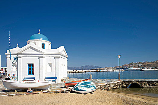 刷白,教堂,港口,米克诺斯岛,基克拉迪群岛,希腊