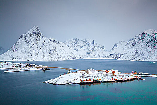 小岛,冬天,雪山,罗弗敦群岛,挪威,欧洲
