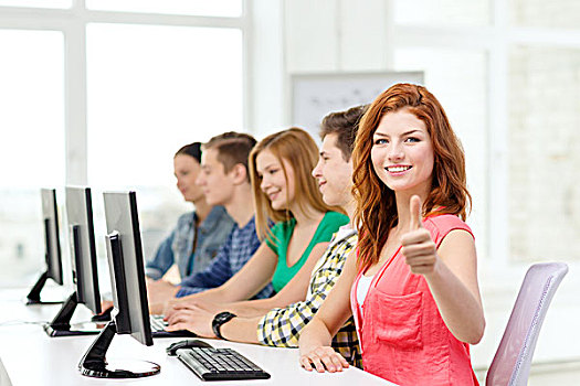 教育,科技,学校,概念,微笑,女学生,同学,电脑课,展示,竖大拇指