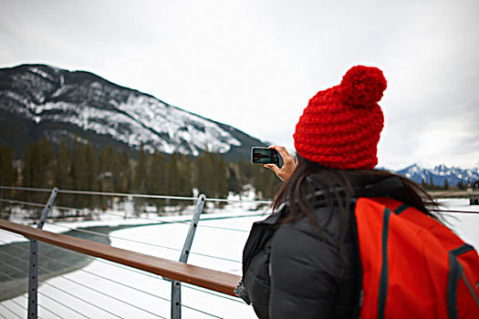 远足,照相,雪山,智能手机,班芙,加拿大