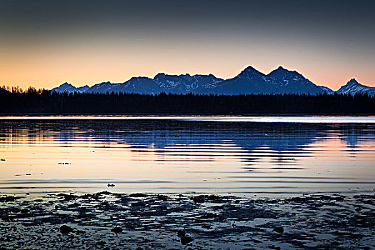 景色,日落,小湾,冰河湾国家公园,保存,东南阿拉斯加,夏天