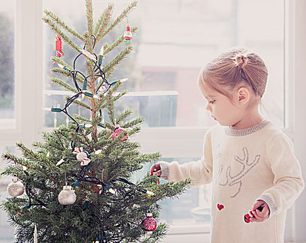 女孩,装饰,小,圣诞树