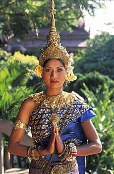 柬埔寨,收获,女人,传统舞蹈,服饰,绿色植物,背景