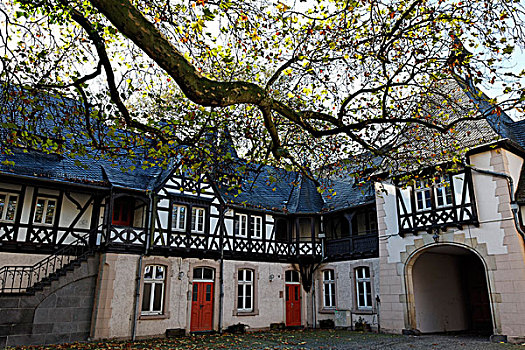 城堡,半木结构,建筑,院子,杜塞尔多夫,北莱茵威斯特伐利亚,德国,欧洲
