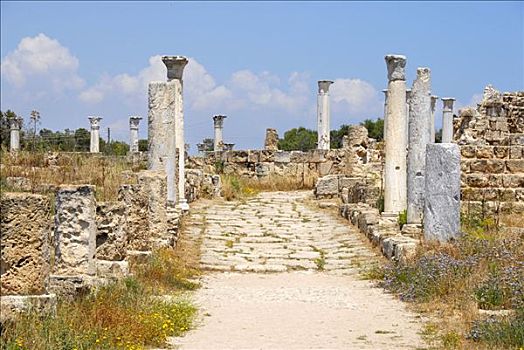 古老,柱子,路,街道,遗迹,意大利腊肠,塞浦路斯北部
