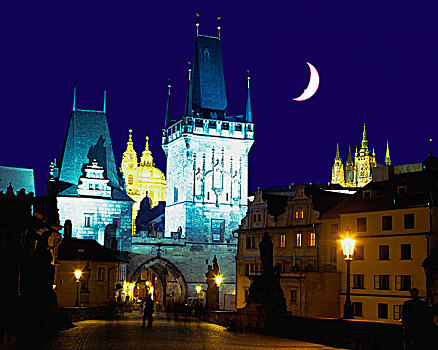 立交桥,塔,老城,夜晚,布拉格,捷克共和国,哥特式建筑