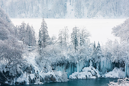 冰冻,风景,冰瀑,湖,十六湖国家公园,克罗地亚,欧洲