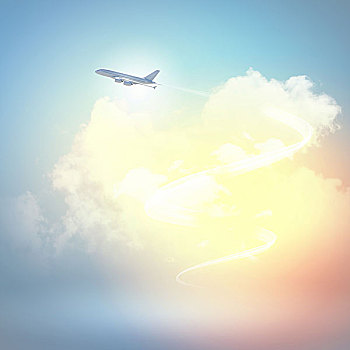 图像,飞,飞机,天空,云,背景