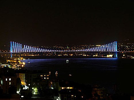 夜景,博斯普鲁斯海峡,桥,伊斯坦布尔,土耳其,欧洲,小亚细亚