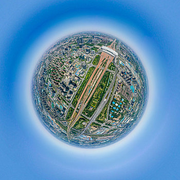 小行星视角航拍郑州东站高铁站球形全景图