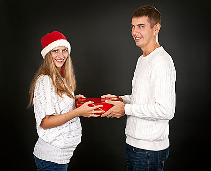 男人,礼物,怀孕,女孩,圣诞帽