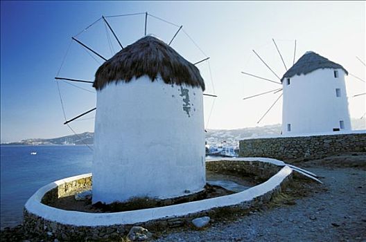 希腊,基克拉迪群岛,米克诺斯,全视图,两个,风,风车,海洋,背景