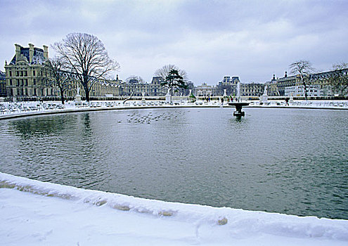 法国,巴黎,喷泉,杜乐丽花园,雪