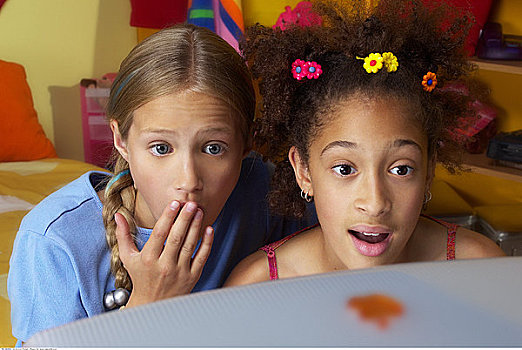 两个女孩,用电脑