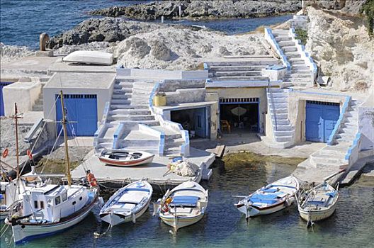 蓝色,车库,船,小,渔船,渔港,基克拉迪群岛,希腊,欧洲