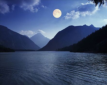 月亮,上方,湖,靠近,提洛尔,奥地利,欧洲