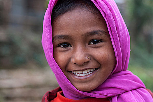 微笑,尼泊尔人,女孩,紫色,围巾,头像,尼泊尔,亚洲