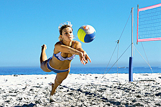女性,玩,沙滩排球,抓住,球