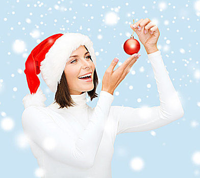 冬天,人,高兴,概念,女人,圣诞老人,帽子,圣诞树饰,球