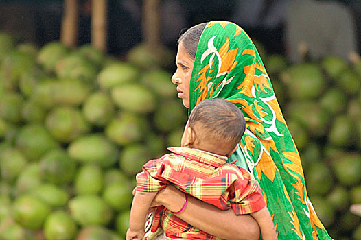 母亲,孩子,达卡,孟加拉,五月,2006年