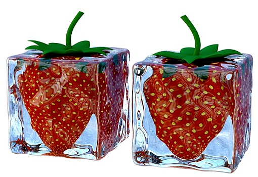 两个,融化,冰块,甜,成熟,草莓